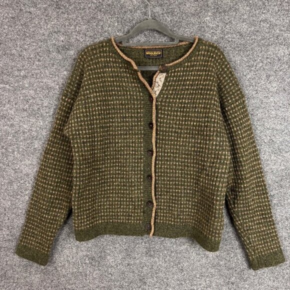 WOOLRICH Women's Green Tan Textured Knit Button Front Cardigan Sweater Medium - Picture 1 of 8